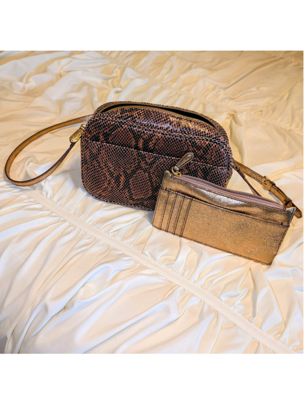 GILI Genuine Leather Metallic Snakeskin Crossbody Bag Gold Bronze Small Purse
